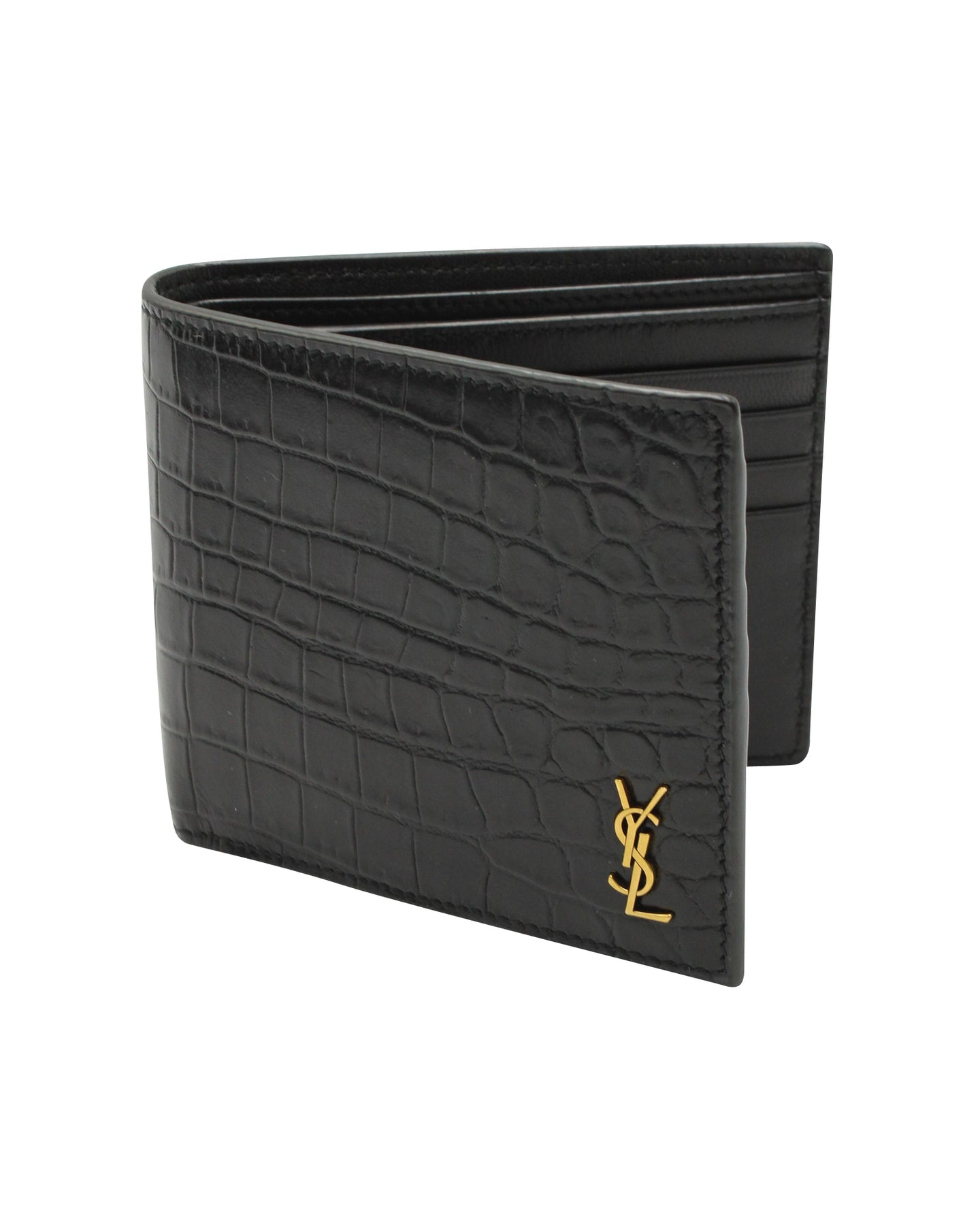Saint Laurent YSL-Plaque Crocodile Effekt Bi-Fold Geldbörse aus schwarzem Leder