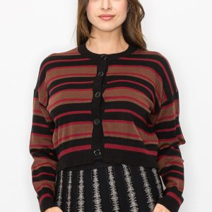gestreifte Burgunder & schwarze geknöpfte Strickjacke 7833131483196