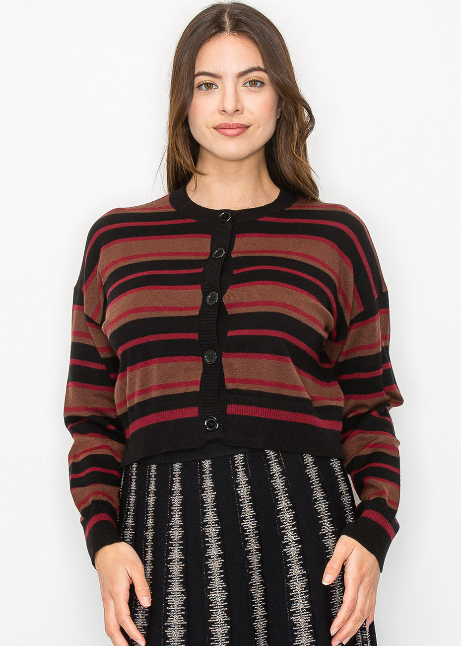 Gestreifter Strickjacke aus Burgund & Schwarz