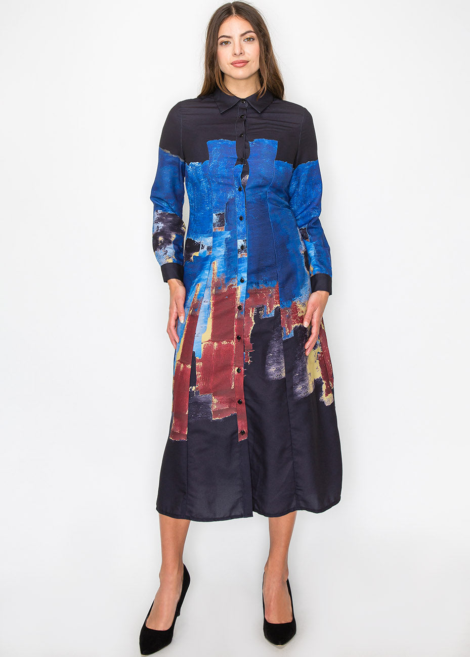 Midnight Blaue Farbe Schlaganfall Hemd Kleid