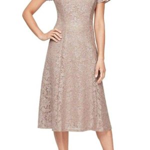 cap Ärmel Tee Länge Pailletten Spitze Kleid in taupe