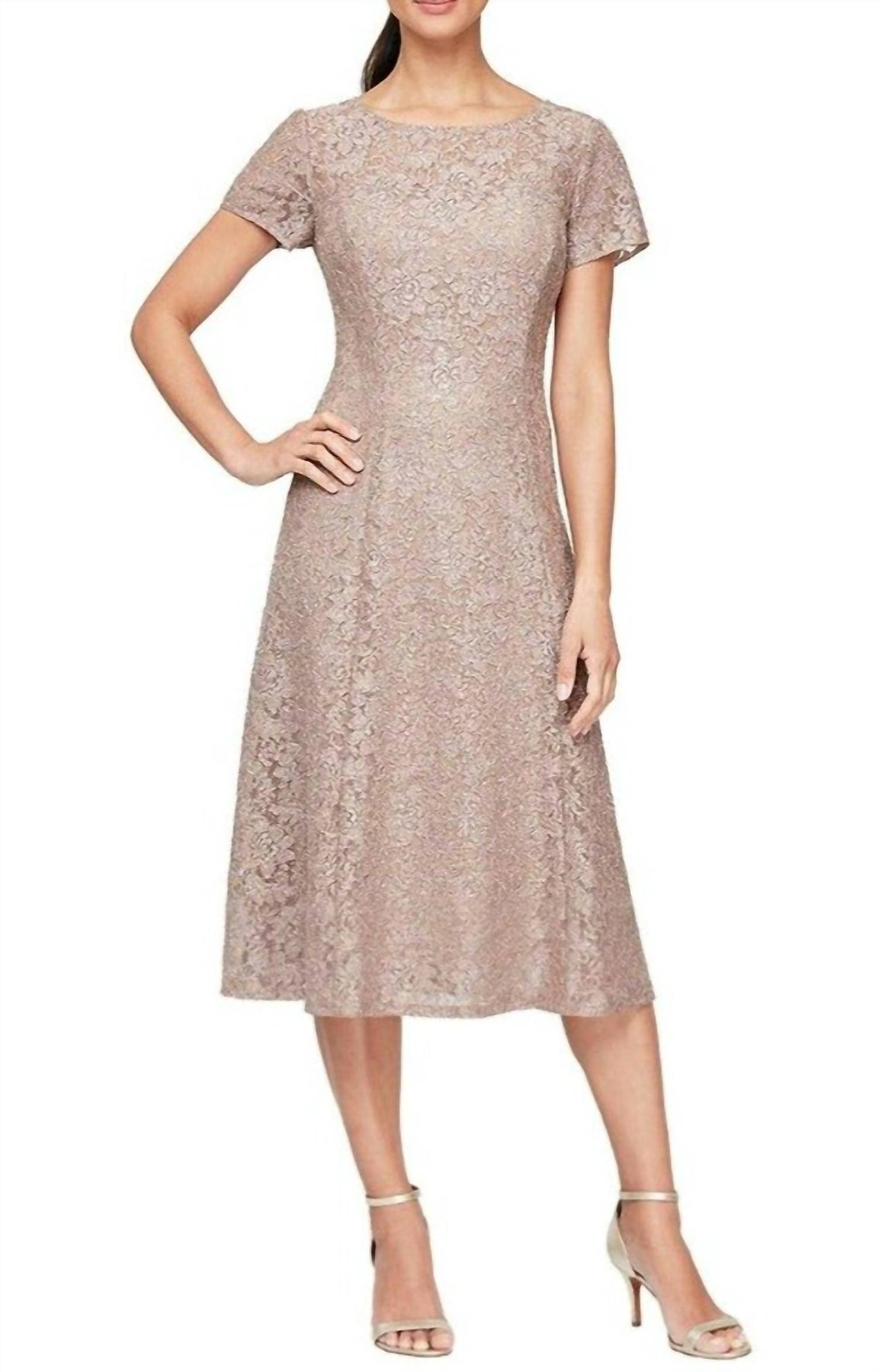Kappe Ärmel Tee Länge Pailletten Spitze Kleid in Taupe