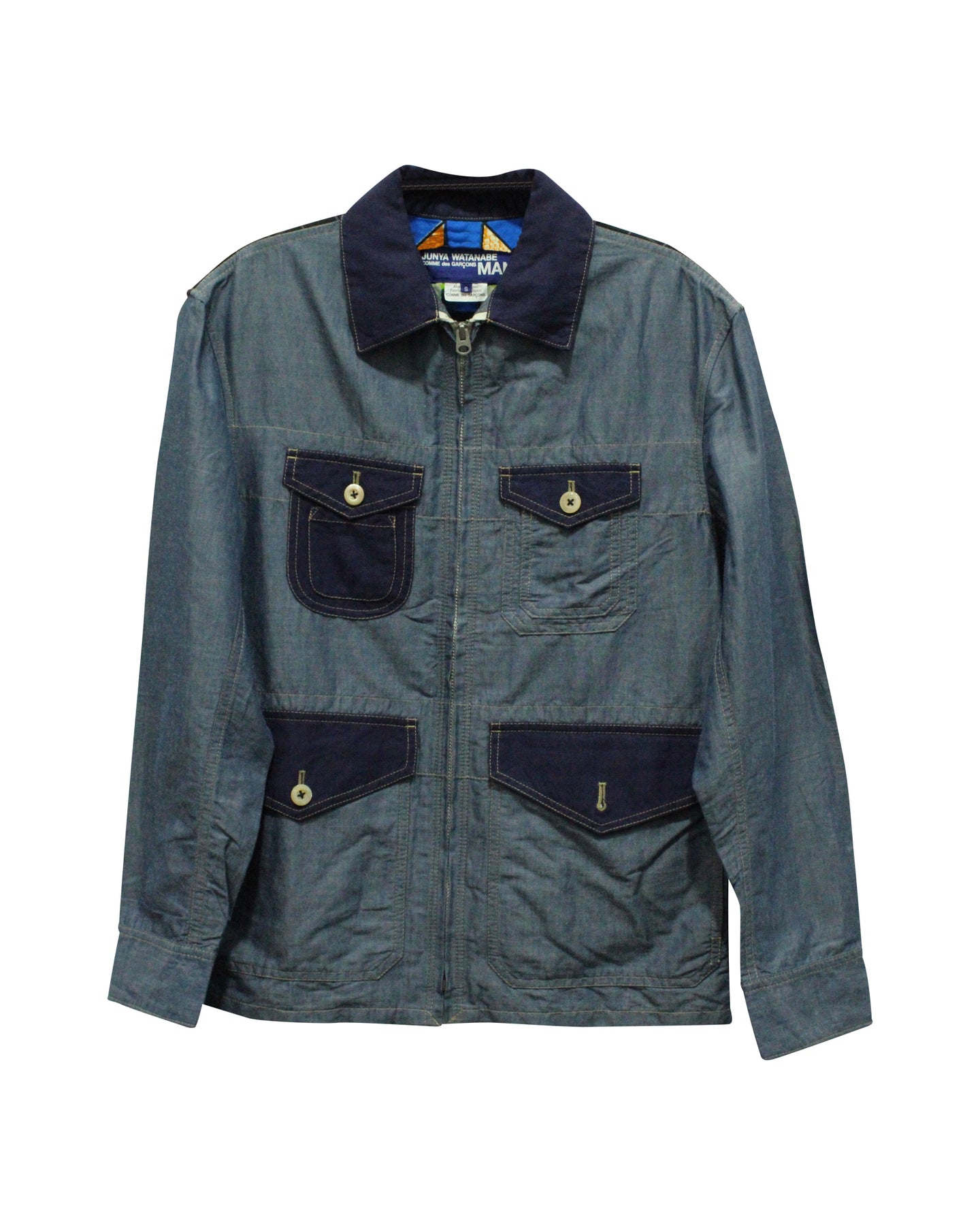 Junya Watanabe Herren Zip Mehrfarbig-Tasche Hemd Jacke aus blauer Baumwolle Denim