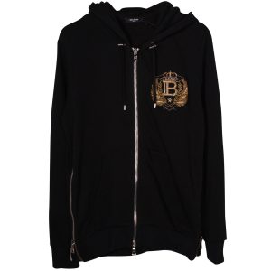 Balmain Bestickte Logo Emblem Vorderseite Zip Kapuzenpullover Jacke aus schwarzer Baumwolle