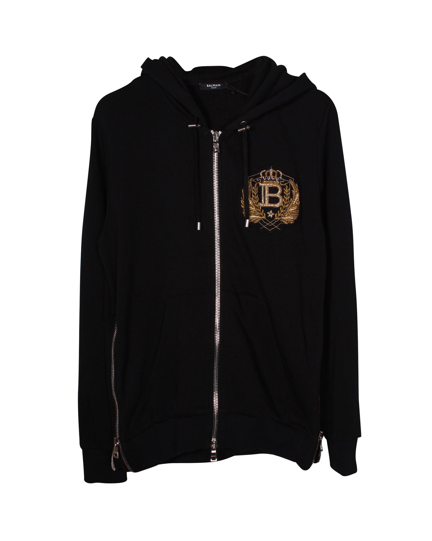 Balmain Bestickte Logo Emblem Vorderseite Zip Kapuzenpullover Jacke aus schwarzer Baumwolle