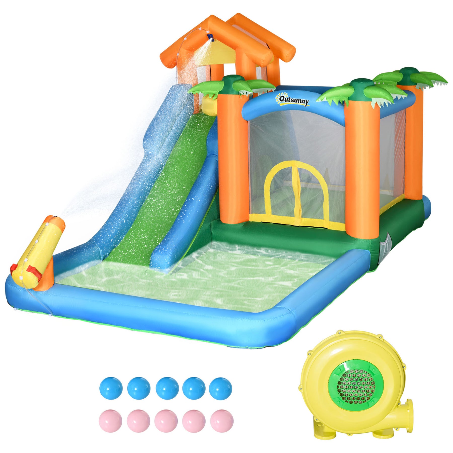Streamdale 6 in-1 Tropische aufblasbare Wasserrutsche Sommerthema springendes Schloss schließt schwimmende Ballrutsche Trampolin Pool Cannon Kletterwand mit Tragetasche ein