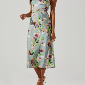 Sandrine Halter Midi-Kleid in Salbei orange blumig