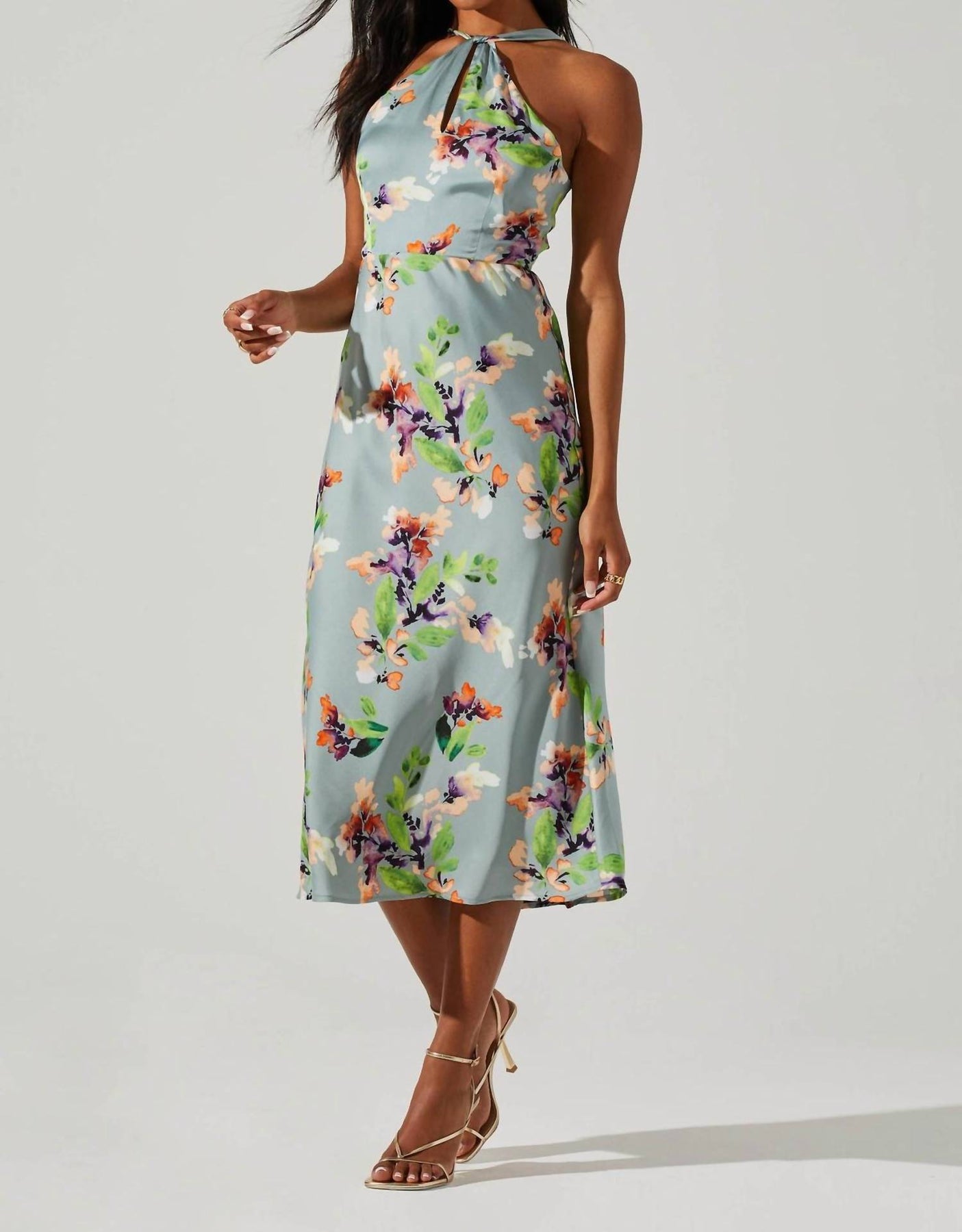 Sandrine Halter Midi Kleid in Salbei Orange mit Blumenmuster