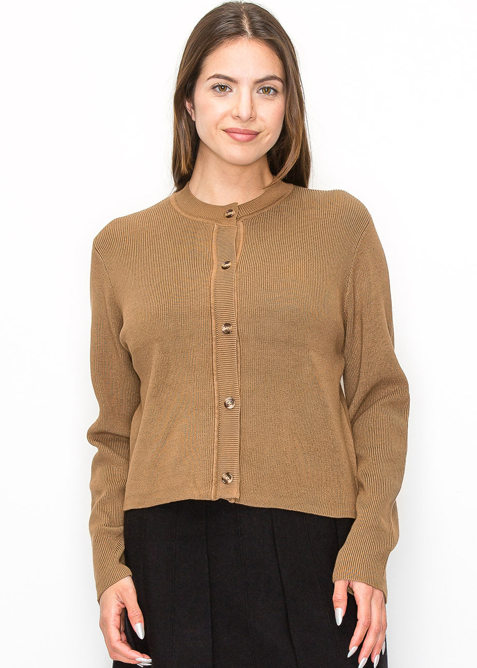 Elegante gerippte Camel Strickjacke