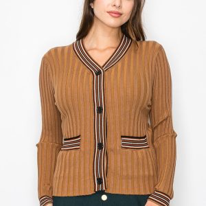 gerippte Kamel Strickjacke mit gestreiften Details 7832927830076