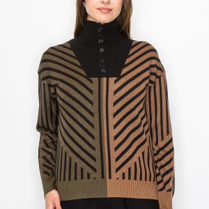 Camel & schwarzer Pullover mit künstlerischen Streifen 7832927961148