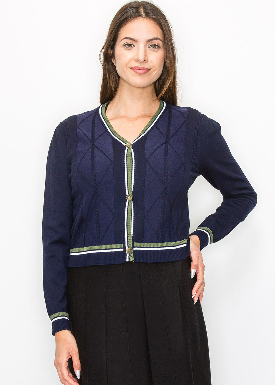 Klassischer Cable-Strick Strickjacke in Marineblau