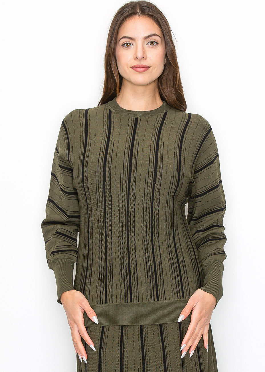 Oliv Strickpullover mit vertikalen Streifen