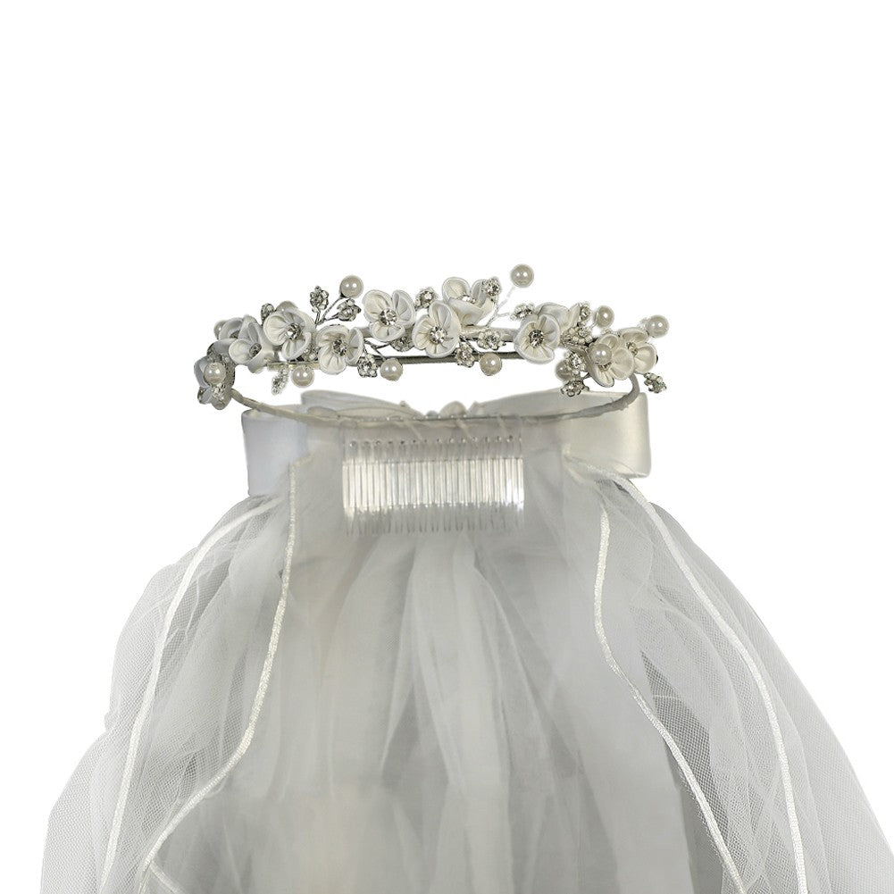 Mädchen weiße Blumen Strass Perlen Kopfschmuck 24 "Kommunion Schleier