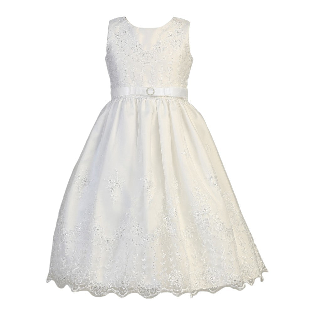 Kleine Mädchen weiß bestickt Organza Satin Erstkommunion Kleid 5-6