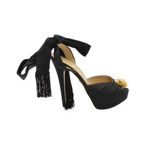 Charlotte Olympia Bruce Enamel Leopard Platform Sandalen aus schwarzem Satin 7703697686588