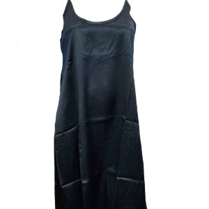 Ruby Satin Knee Length Gown With Spaghetti Straps & Gathered Back in schwarz