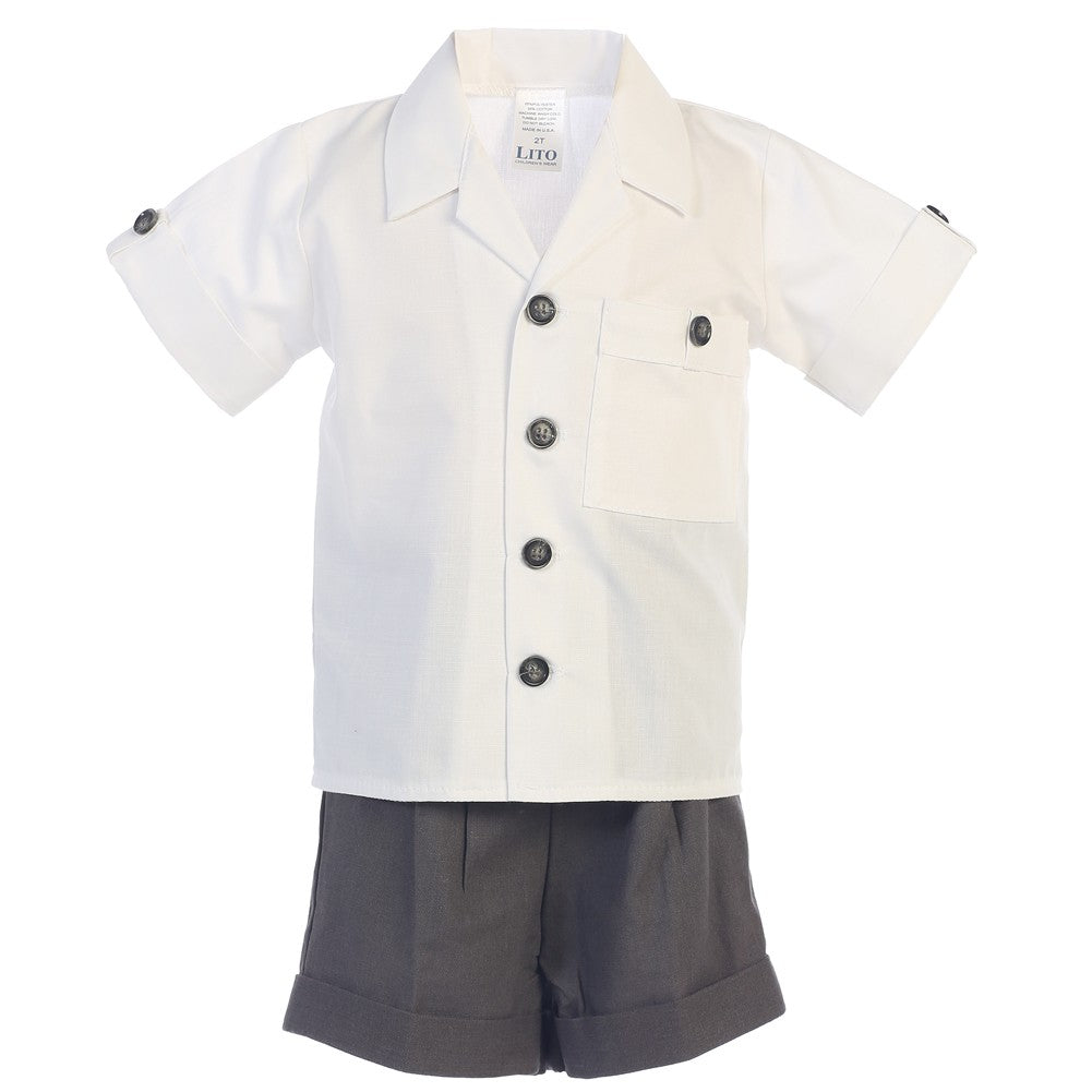 Kleine Jungen Anthrazit weiß Poly Baumwollhemd Viskose Leinen Shorts Set 2-4T