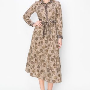 Taupe Garden Print Midikleid 7833115295804