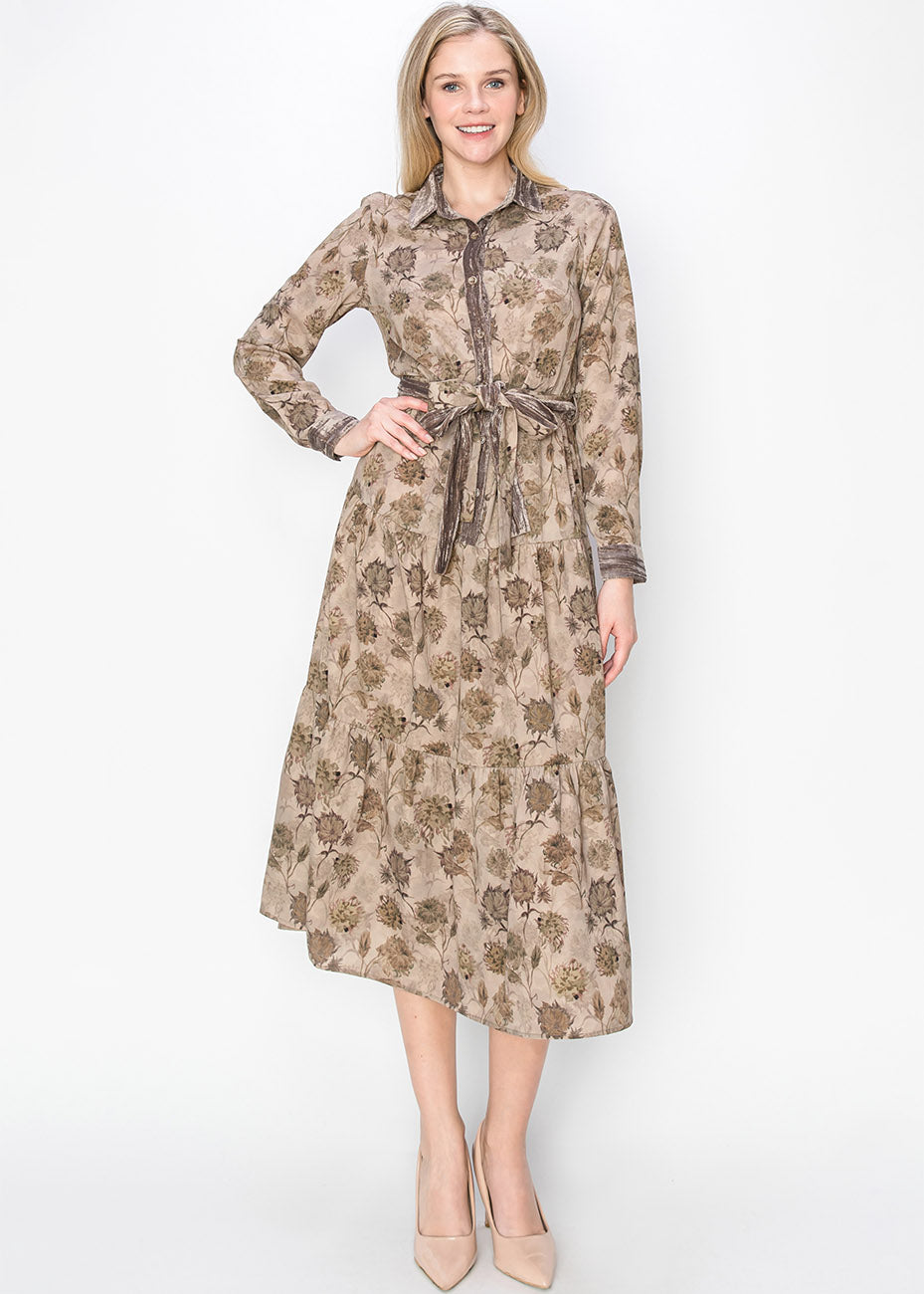 Taupe Garden Muster Midikleid