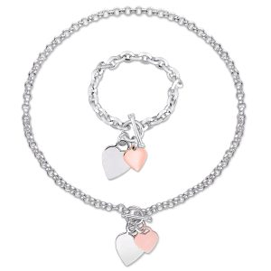 Mimi & Max Herz Charm Armband und Halskette Set in zweifarbigen Rose und weißem Sterling Silber
