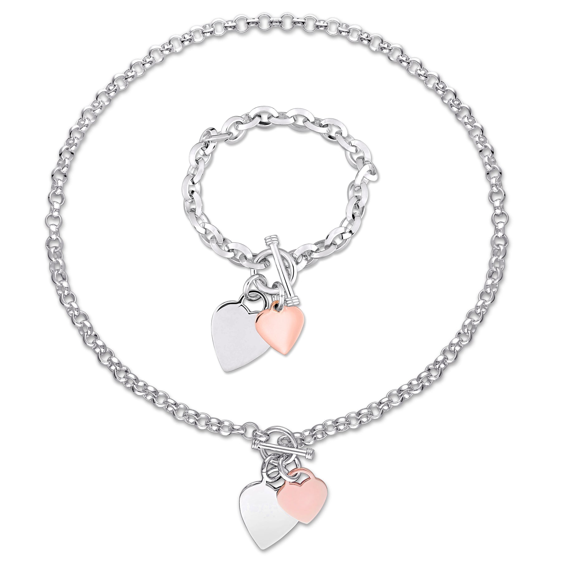 Mimi & Max Herz Charm Armband und Halskette Set in zweifarbigen Rose und weißem Sterling Silber