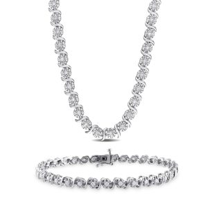 Mimi & Max 1 1/2ct TDW Diamant-Tennisarmband und Halskette im Set aus Sterlingsilber