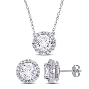 Mimi & Max 8 1/3ct TGW Created White Sapphire Halo-Ohrring und Anhänger-Set aus Sterlingsilber