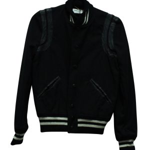 Saint Laurent Teddy Leder getrimmte Bomberjacke aus schwarzer Wolle 7833146622012