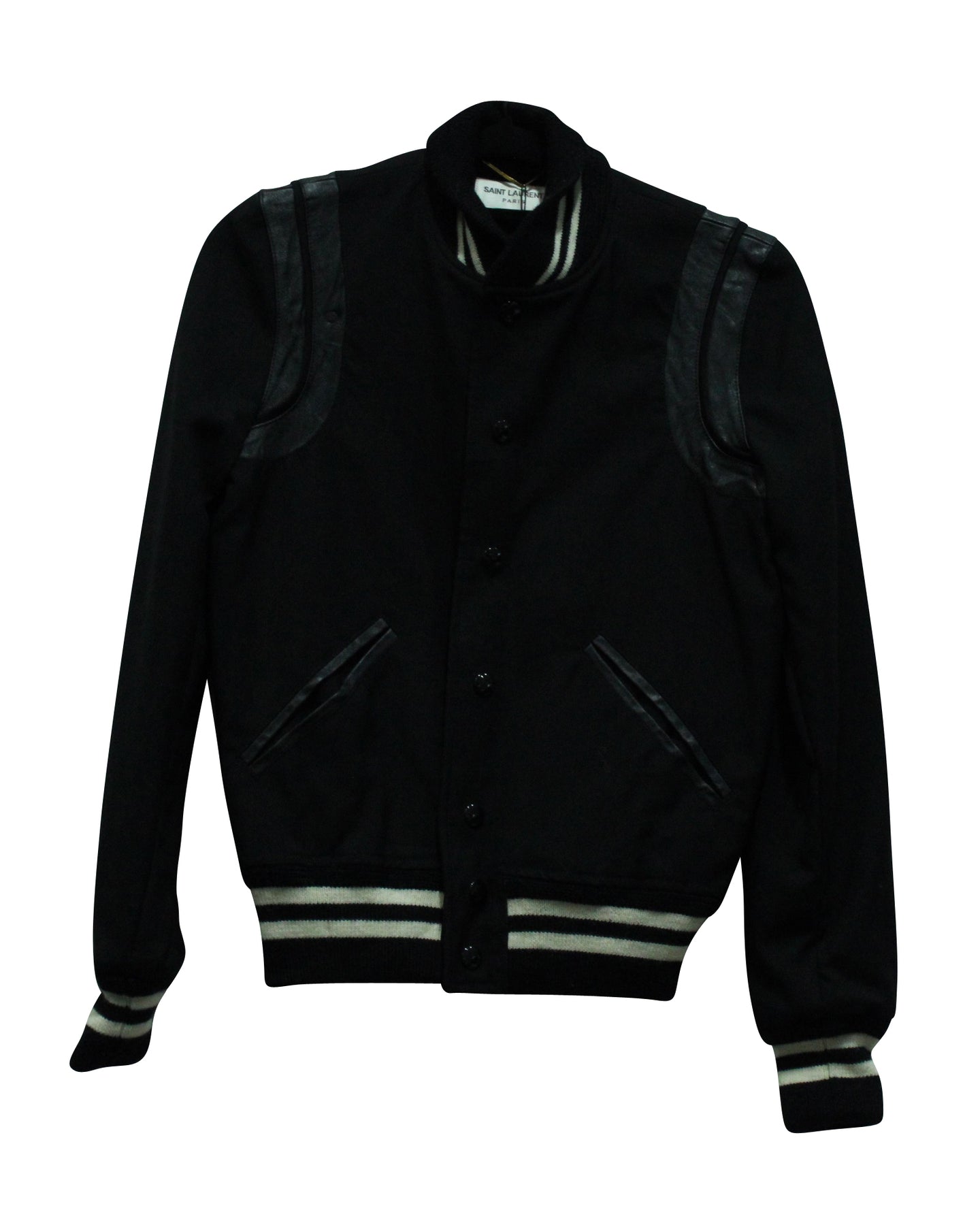 Saint Laurent Teddy Leder Bomberjacke aus schwarzer Wolle