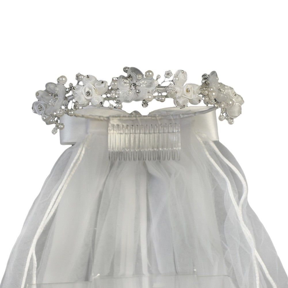 Mädchen weiß Organza Satin Blumen Headpiece 24 "Kommunion Blume Mädchen Schleier