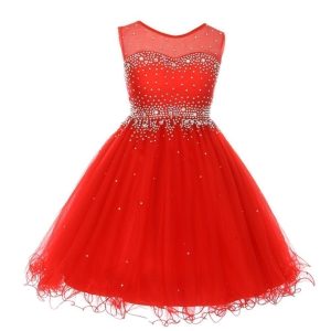 Rotes glitzerndes Strass-Illusions-Tüll-Partykleid für kleine Mädchen, 4–6