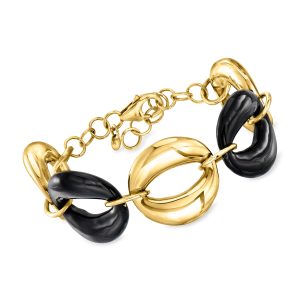 Ross-Simons Italian schwarz Emaille und 18kt Gold über Sterling Oval-Link Armband 7704707629116