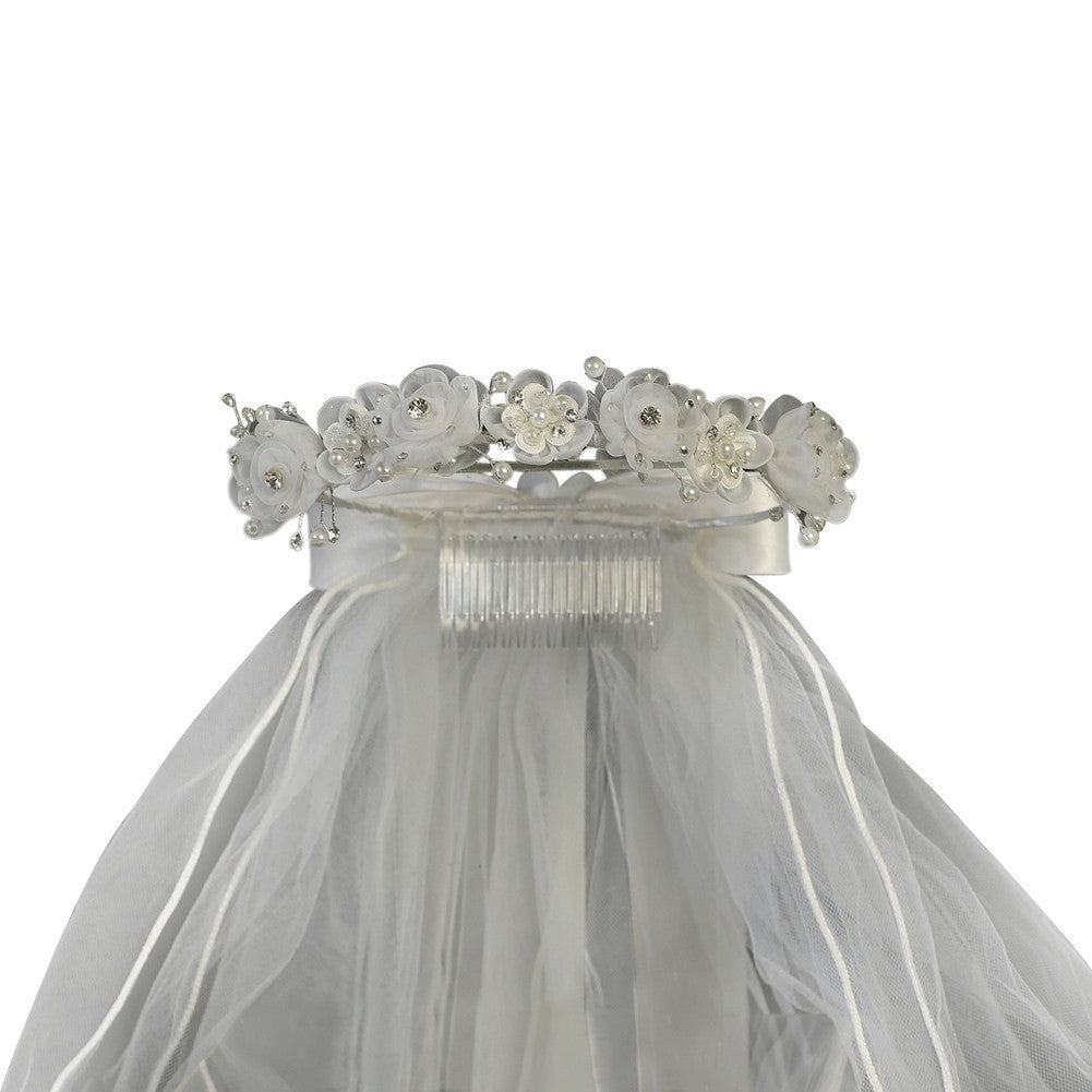 Mädchen weiß Organza Blumen Perlen Kopfschmuck 24 "Kommunion Blume Mädchen Schleier