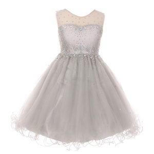 Partykleid für kleine Mädchen, silberfarben, glitzernde Strasssteine, Illusionstüll, 4–6