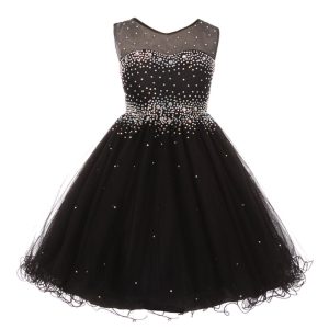Schwarzes glitzerndes Strass-Illusions-Tüll-Partykleid für große Mädchen, 8–16