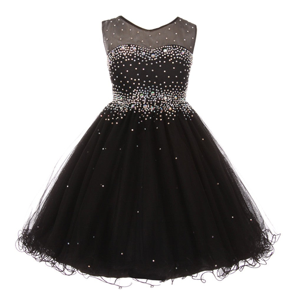 Große Mädchen schwarz funkelnden Strass Illusion Tüll Party formelle Kleid 8-16
