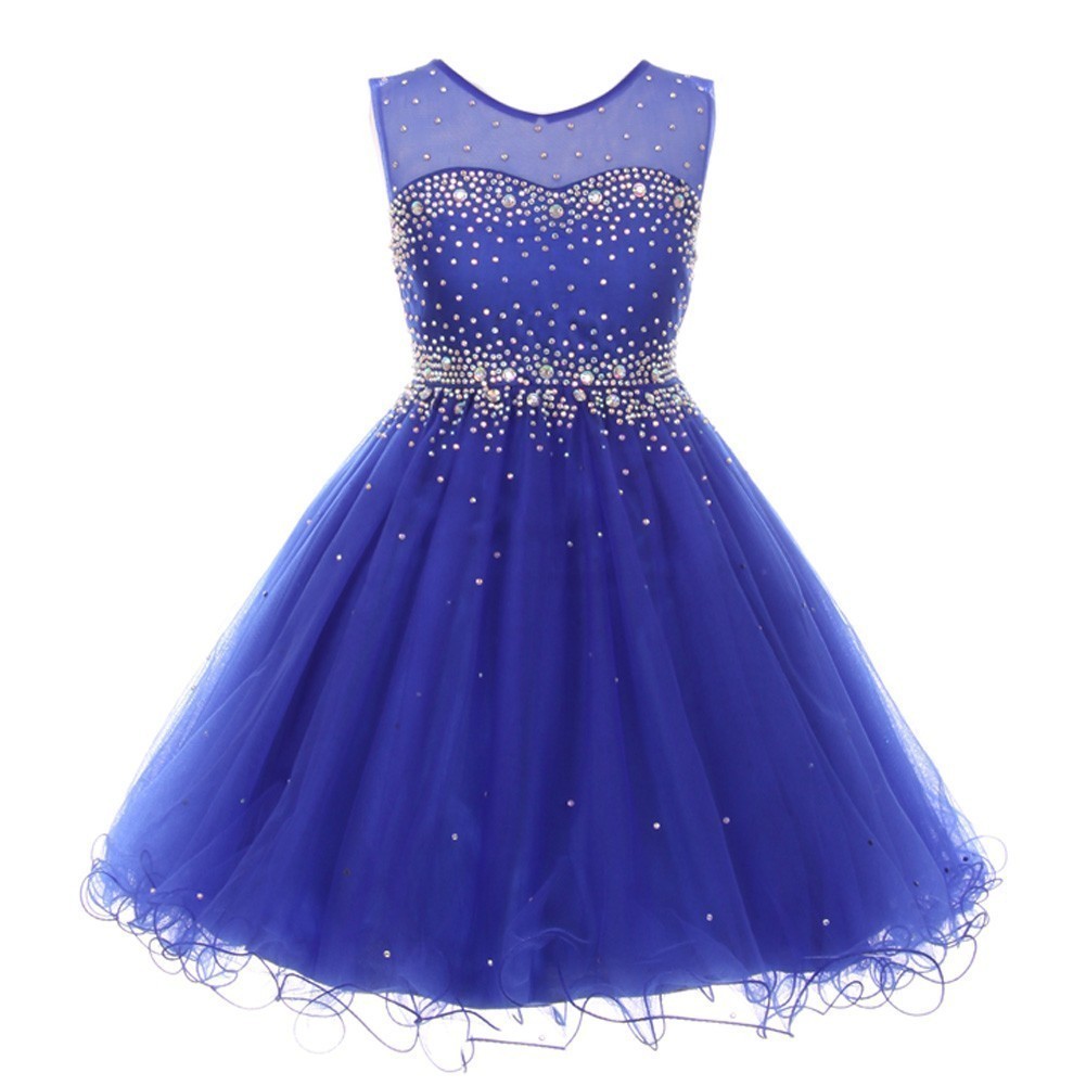 Kleine Mädchen Royal Blau glitzernd Strass Illusion Tüll Party formelle Kleid 4-6