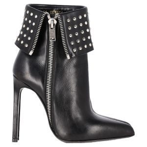 Saint Laurent Paris Fold Over Studded Booties in schwarzes Leder 7833157238844