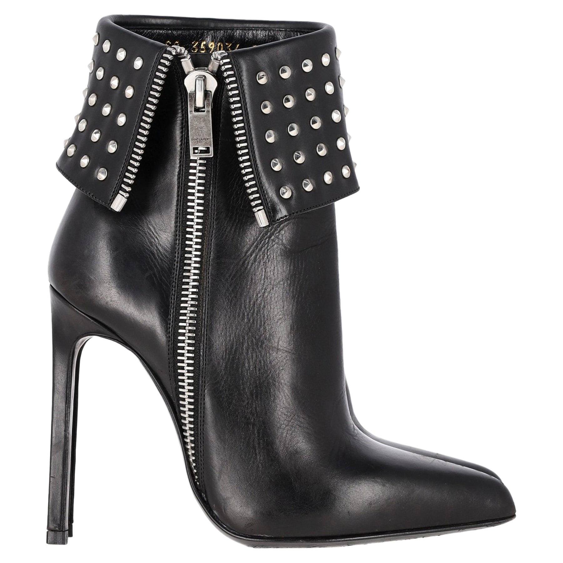 Saint Laurent Paris Falten Sie über verzierte Stiefeletten aus schwarzem Leder