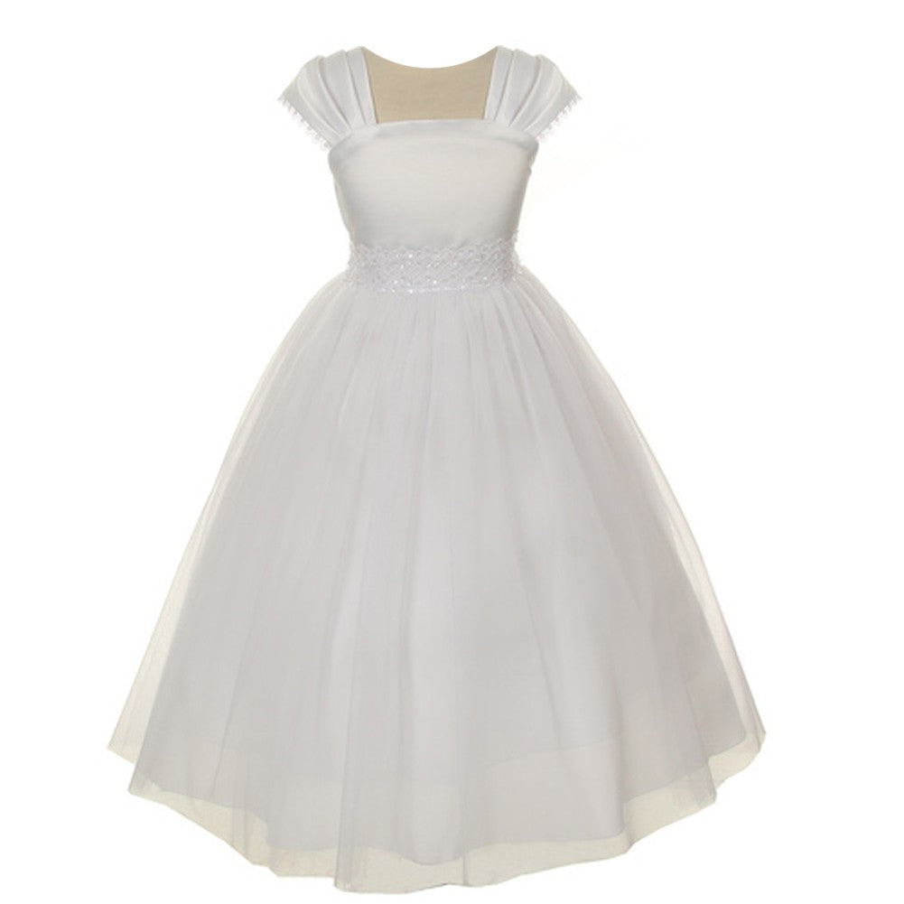 Kleine Mädchen weiße Satin Mesh Perlenarbeiten Blumenmädchen Kleid 2-6