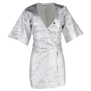 Ganni Metallic Cloqué Mini Wickelkleid aus Silber Polyester 7833176408124