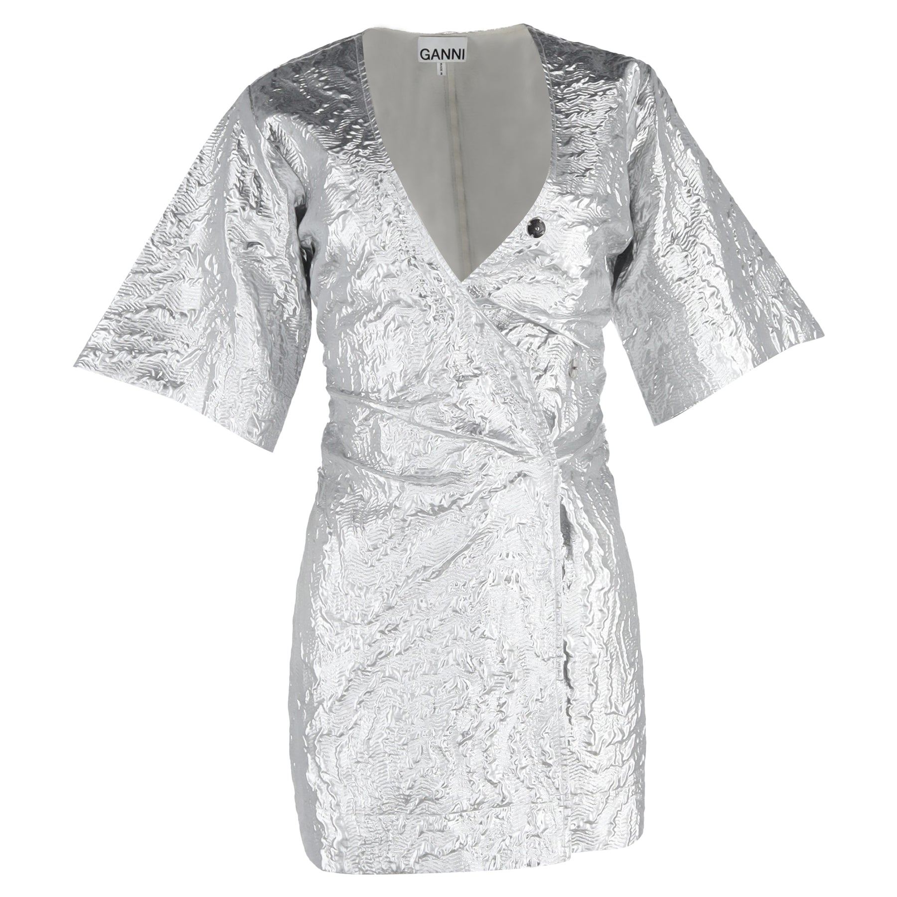 Ganni Metallic Cloqué Mini Wickelkleid aus silbernem Polyester