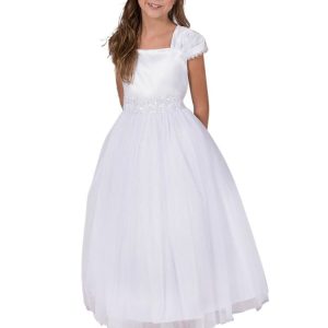 große Mädchen weiß satin Mesh Spitze Perlen-Kommunion Kleid 8-16