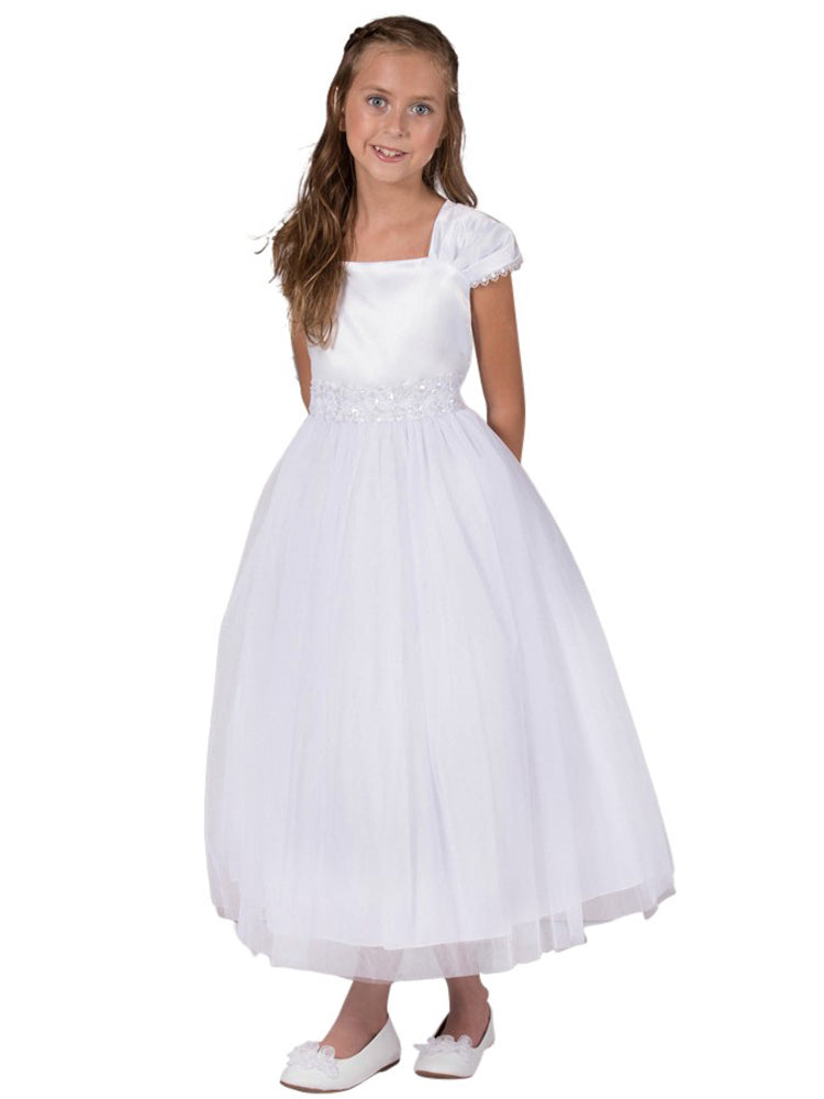 Große Mädchen weiß Satin Mesh Spitze Perlenarbeiten Kommunion Kleid 8-16