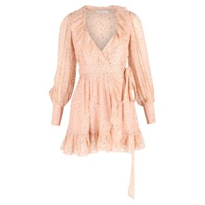 Zimmermann – Mini-Wickelkleid aus altrosa Seide mit Rüschen und goldenen Punkten