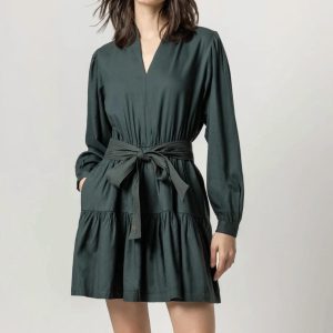 Langarm Split Hals Peplum Kleid in Ulme