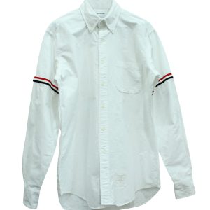 Thom Browne Knopf-Down Kragen gestreift Grosgrain-getrimmtes Oxford Hemd aus weißer Baumwolle 7833152454716