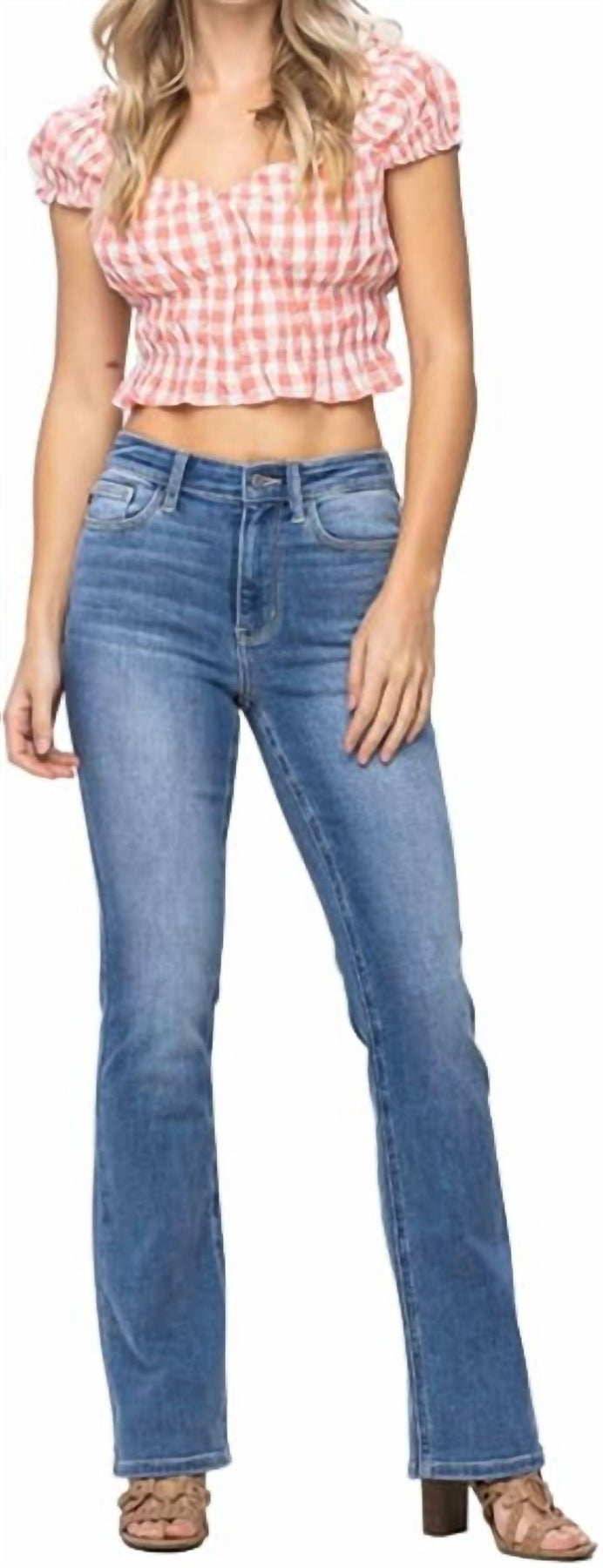 Klassische hoher Bund Bootcut Jeans in mittlerer Waschung