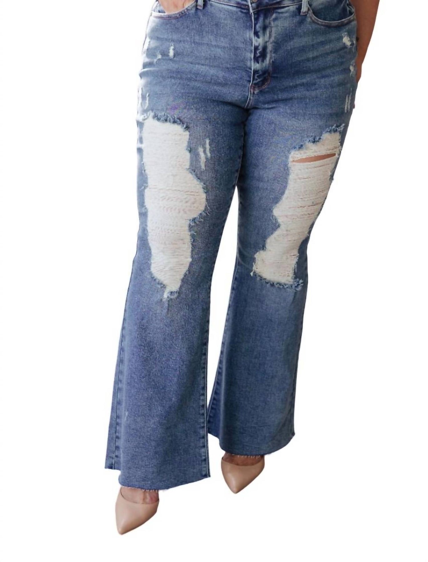 Hoher Bund Heavy Destroy Flare Jeans in mittlerer Waschung